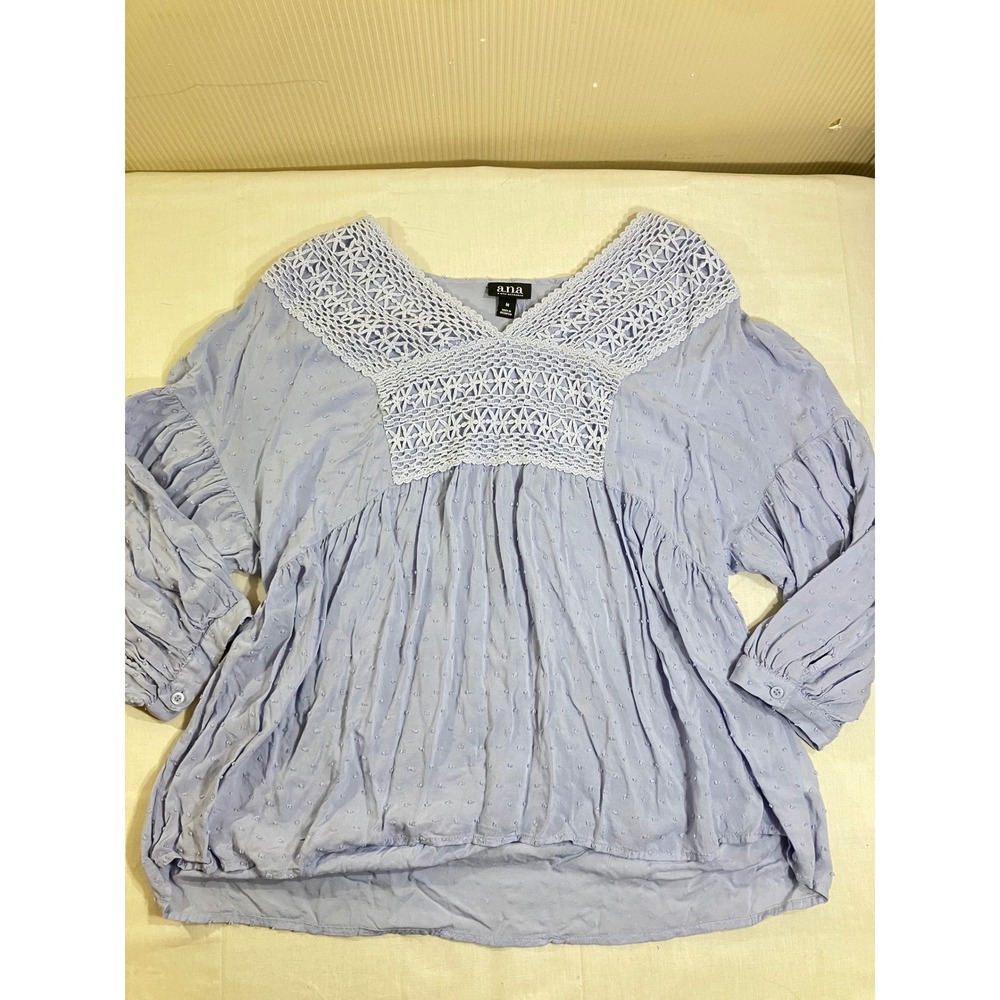 ANA A New Approach Periwinkle Blue Swiss Dot Crochet Lace Peplum Blouse Womens M